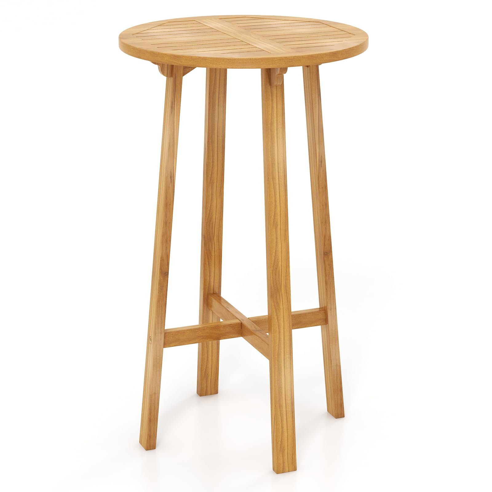 Tangkula Table de bar ronde en bois de teck, table de 61 cm de hauteur avec repose-pieds